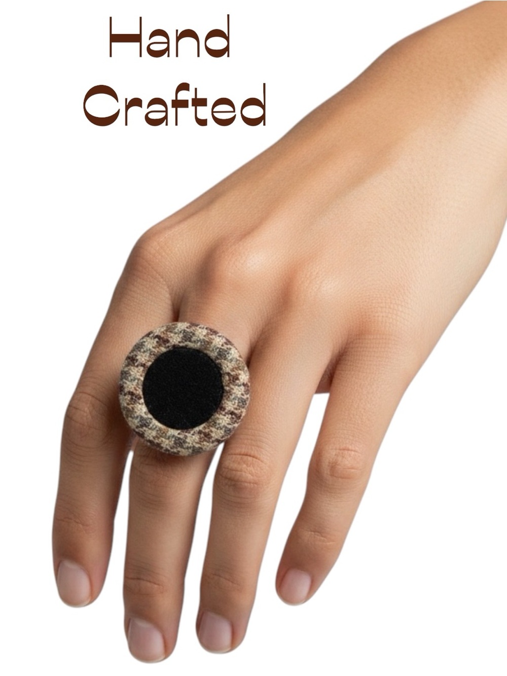 Hand Crafted Brown Tan Plaid Fabric Antique Button Statement Ring NWT OS